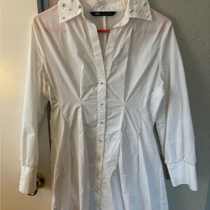 Zara White Long-Sleeve Shirt dress with Pearl Accents